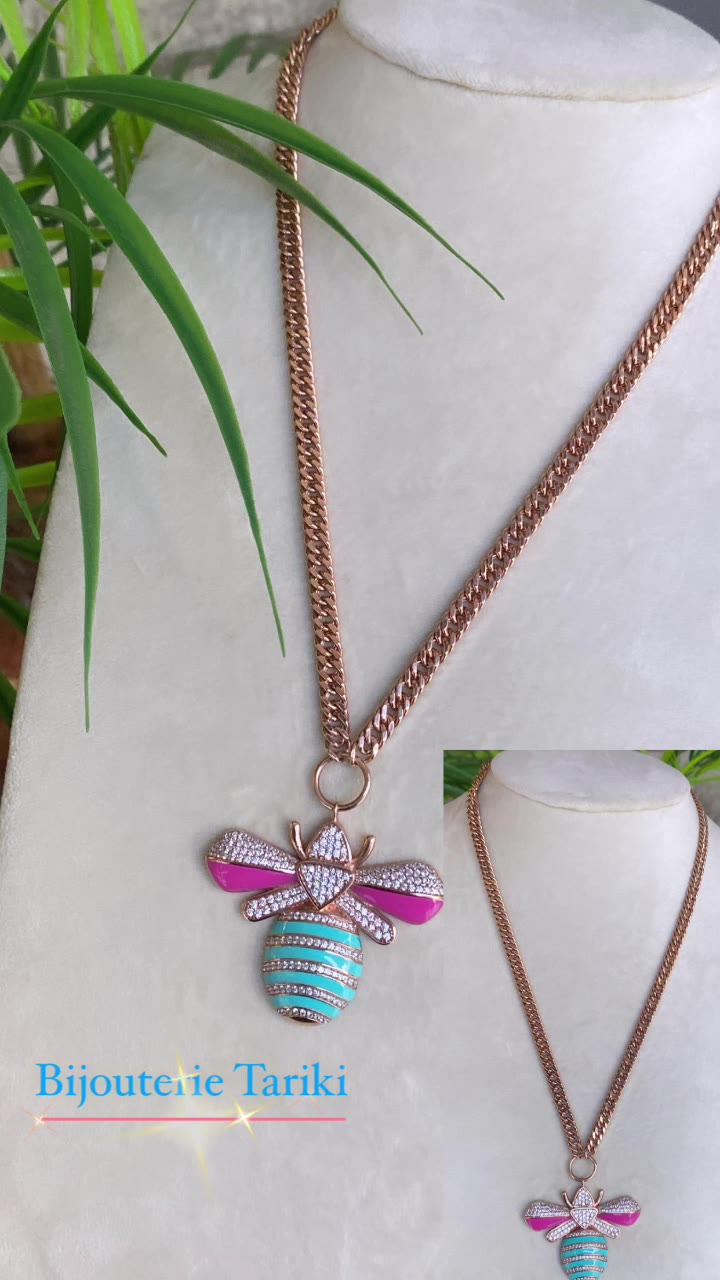 Collier Or Rose - Pendentif Abeille Émail Rose & Turquoise Pavé Zircons