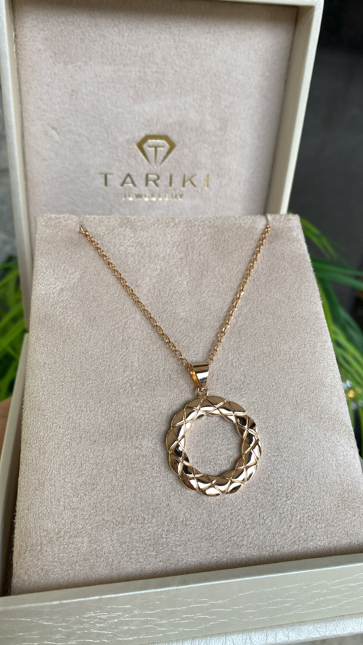Collier Or Rose - Pendentif Cercle Texturé Pavé Zircons