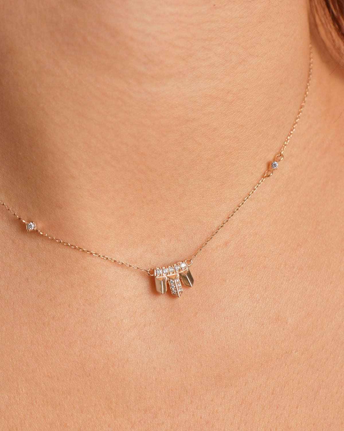 Rose Gold Necklace - Fringe Pendant with Pavé Baguettes & Stations