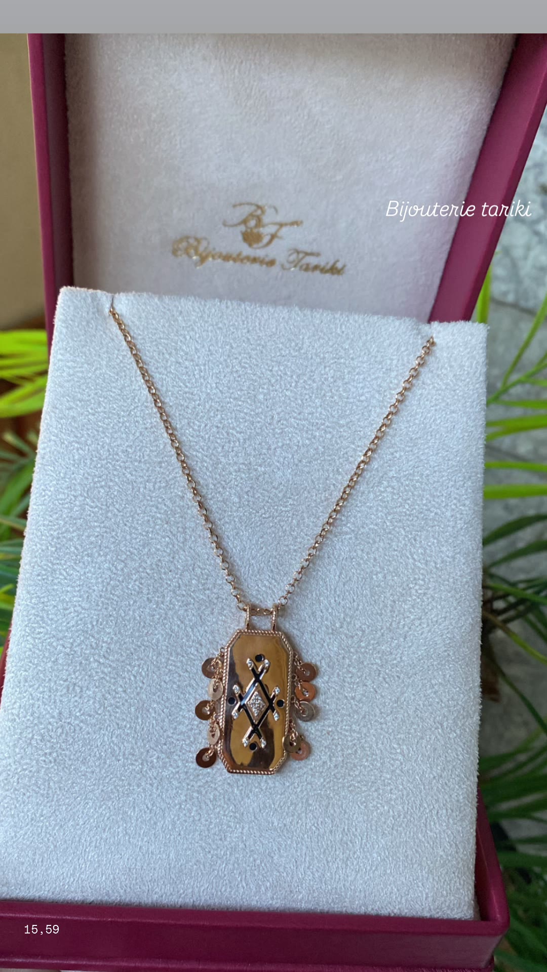 Rose Gold Necklace - Rectangular Pendant with Pavé Cross & Two-Tone Charms