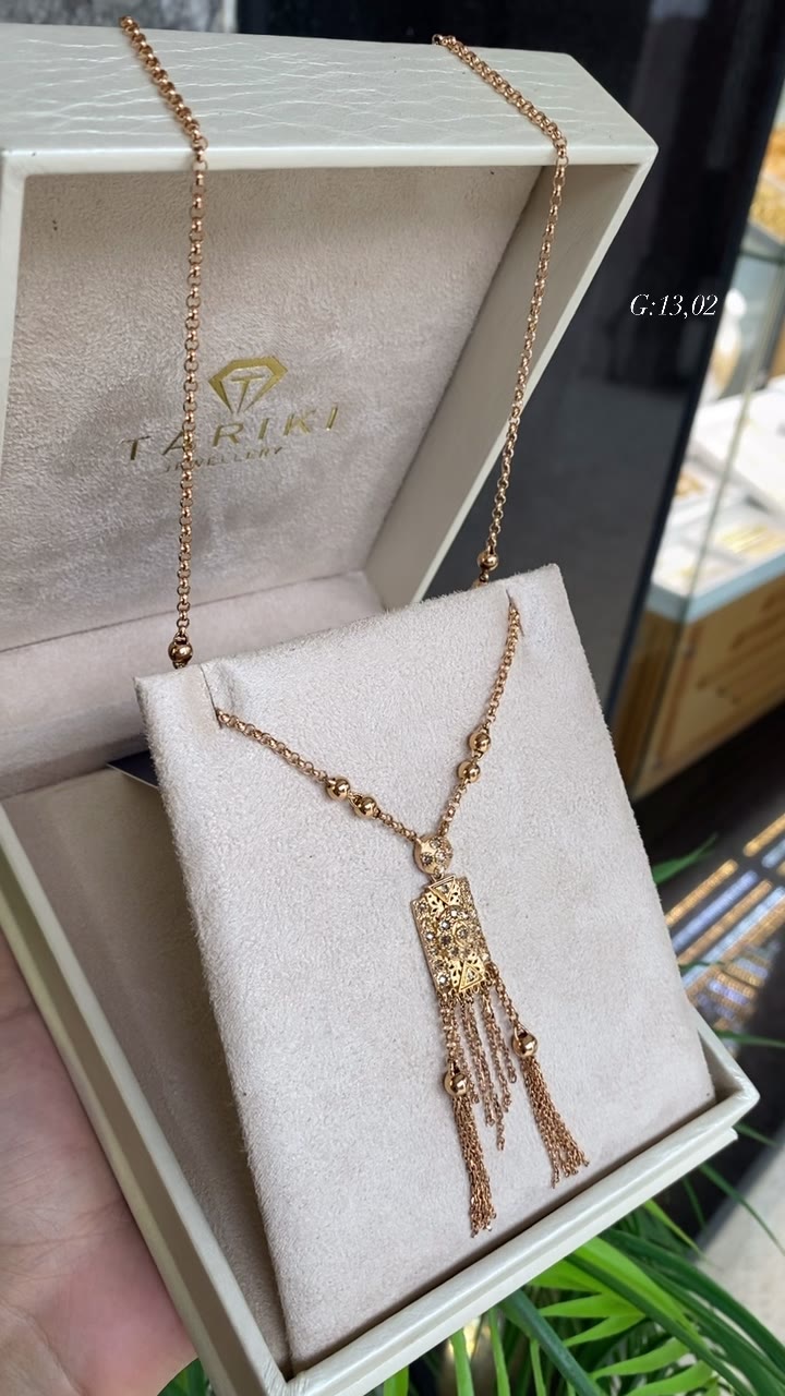 Collier Or Rose - Pendentif Rectangulaire Filigrane & Franges Pampilles