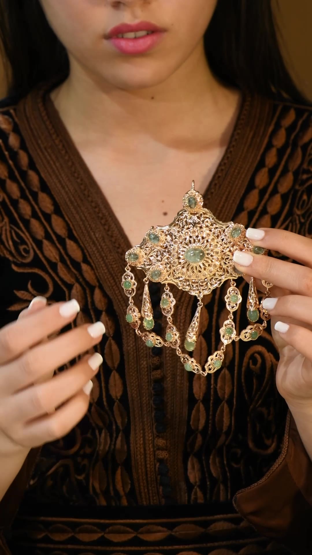 Pendentif Marocain Or Rose - Pierres Vertes & Pampilles