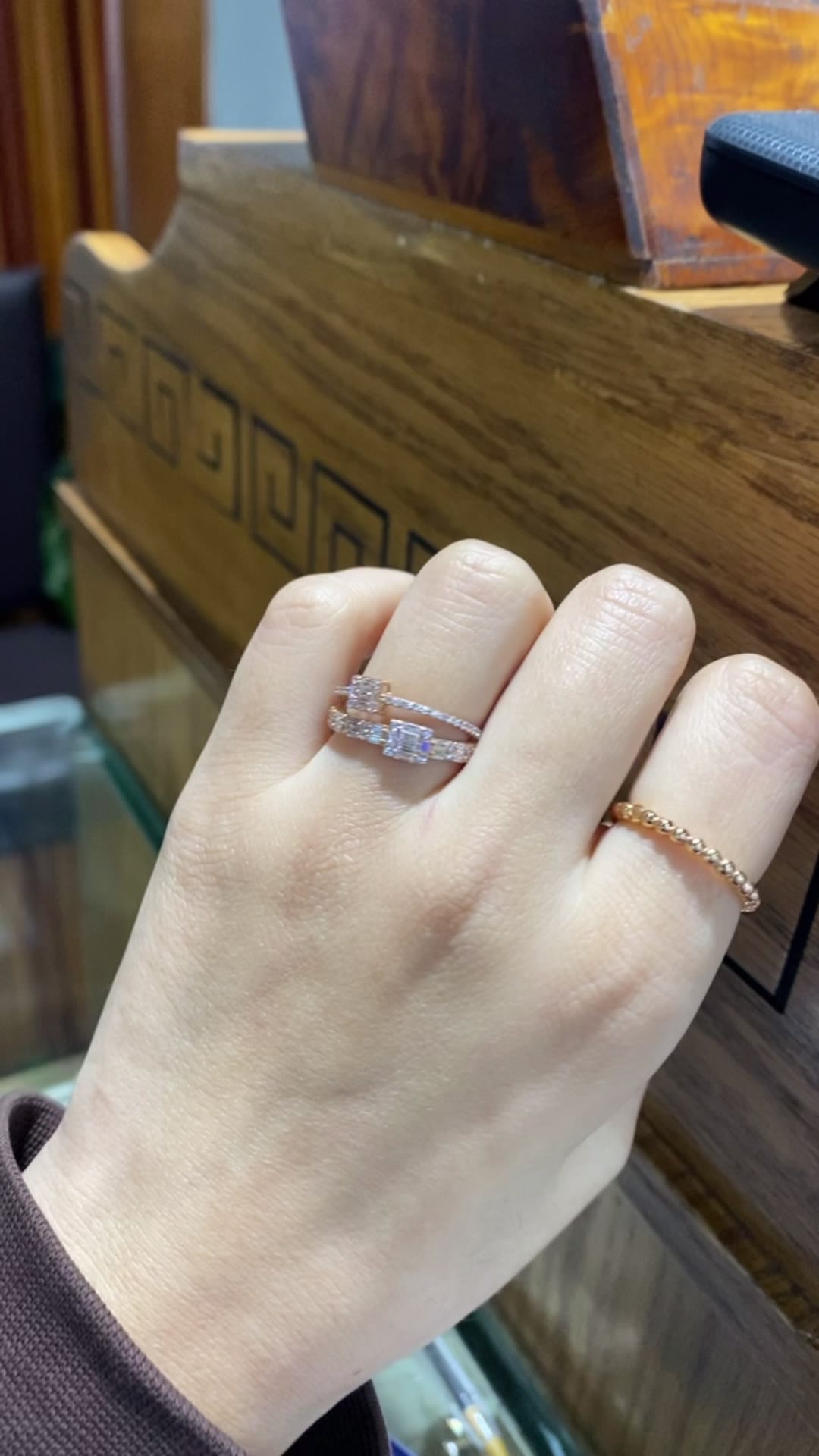 Ring Set - Emerald Halo Pavé Zircons & Beaded Band