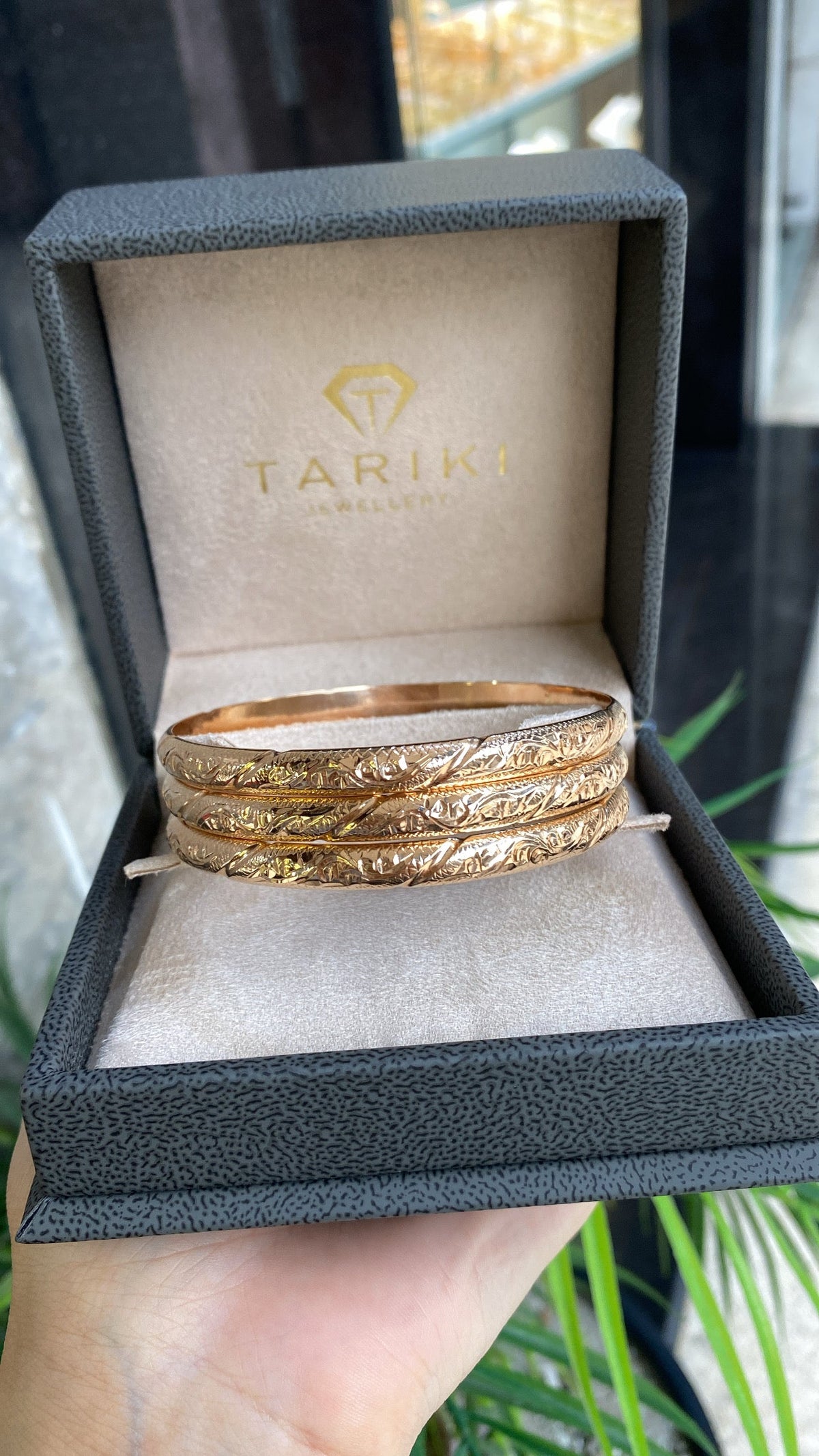 Triple Gold Bangle Set – Engraved Foliage Motif