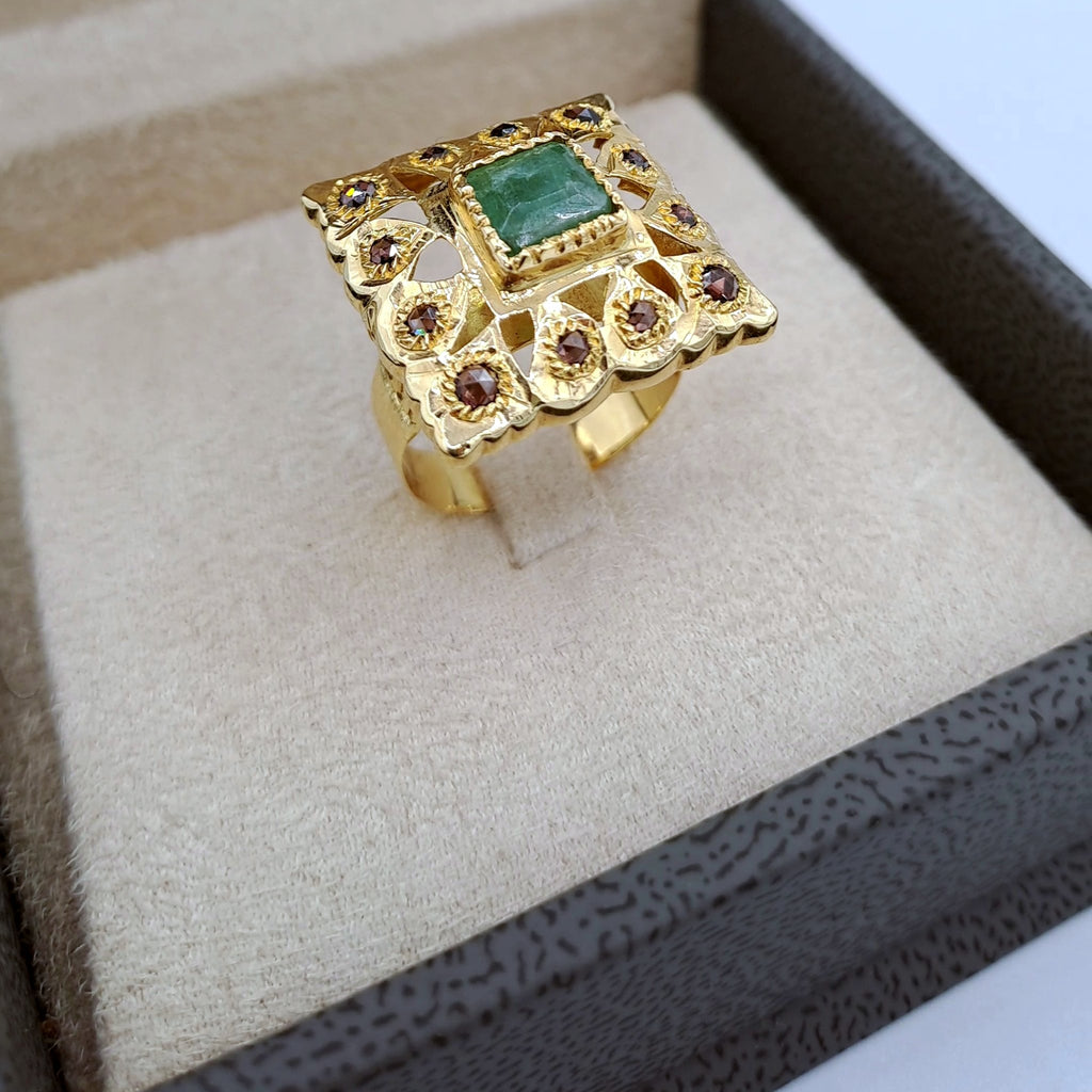 Bague Beldi Carrée Or Rose - Sertie de Pierres, Pierre Verte Synthétique – or 18 carats | Tariki