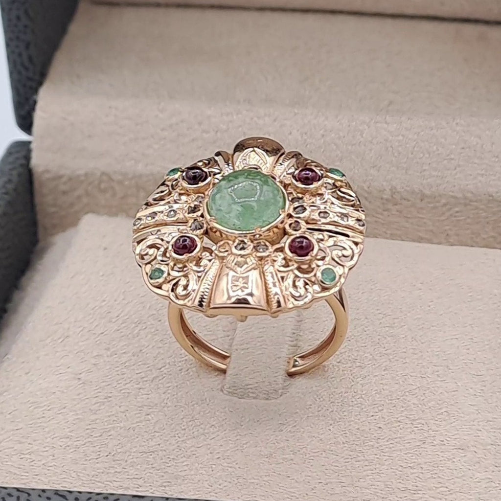 Bague Beldi Rosace Or Rose - Sertie de Pierres, Pierre Verte – or 18 carats | Tariki