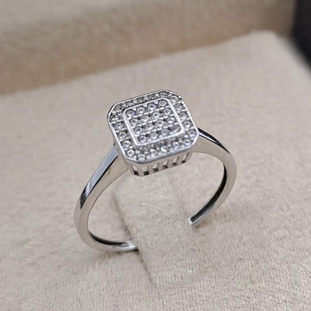 Bague Or Blanc - Chaton Rectangulaire Pavé de Pierres – or 18 carats | Tariki