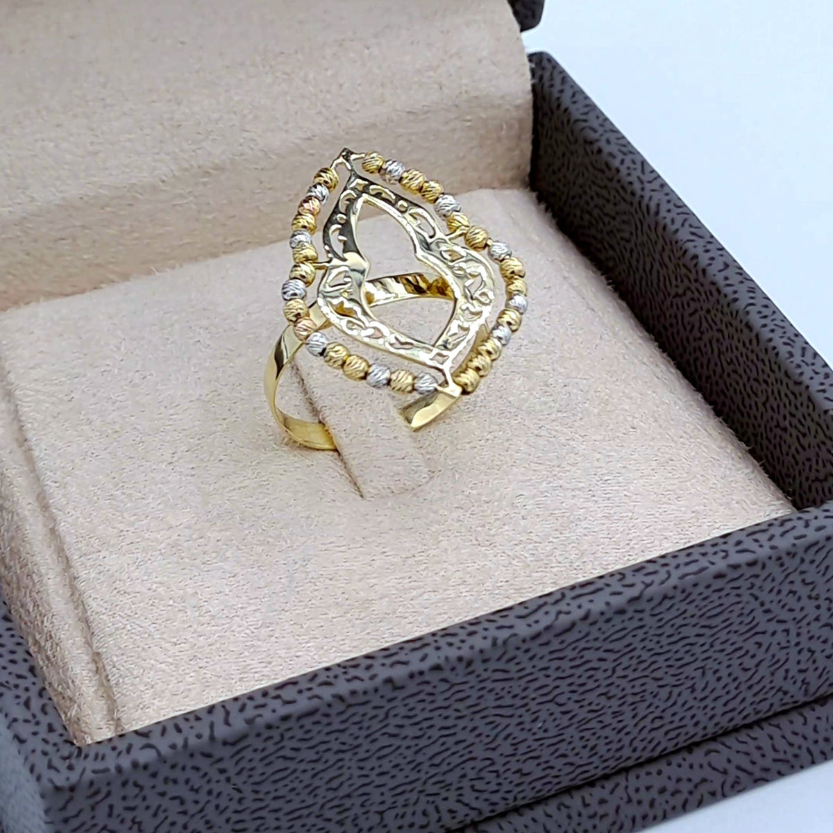 Bague Or Jaune - Cœur Ajouré Serti, Contour Boules – or 18 carats | Tariki