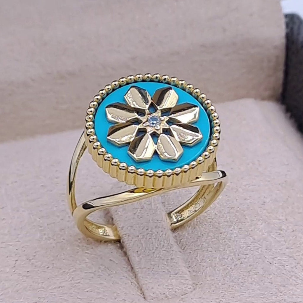 Bague Or Jaune - Fleur Émaillée Turquoise Sertie de Pierres – or 18 carats | Tariki