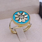 Bague Or Jaune - Fleur Émaillée Turquoise Sertie de Pierres – or 18 carats | Tariki