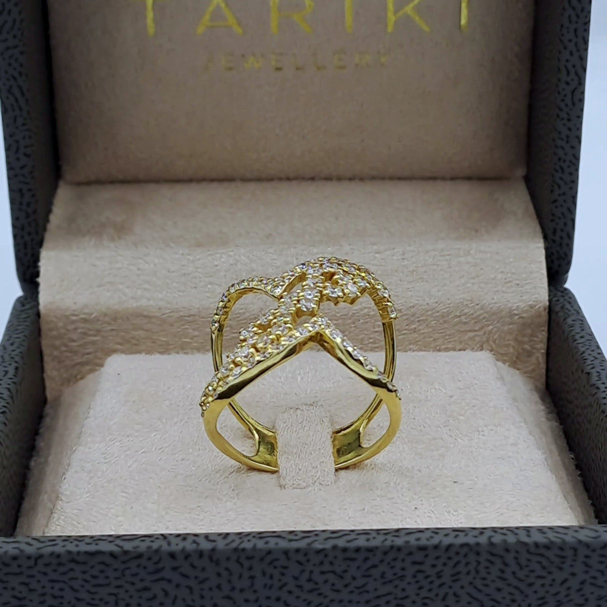 Bague Or Jaune - Motif Fleurs Pavées de Pierres, Anneau V – or 18 carats | Tariki