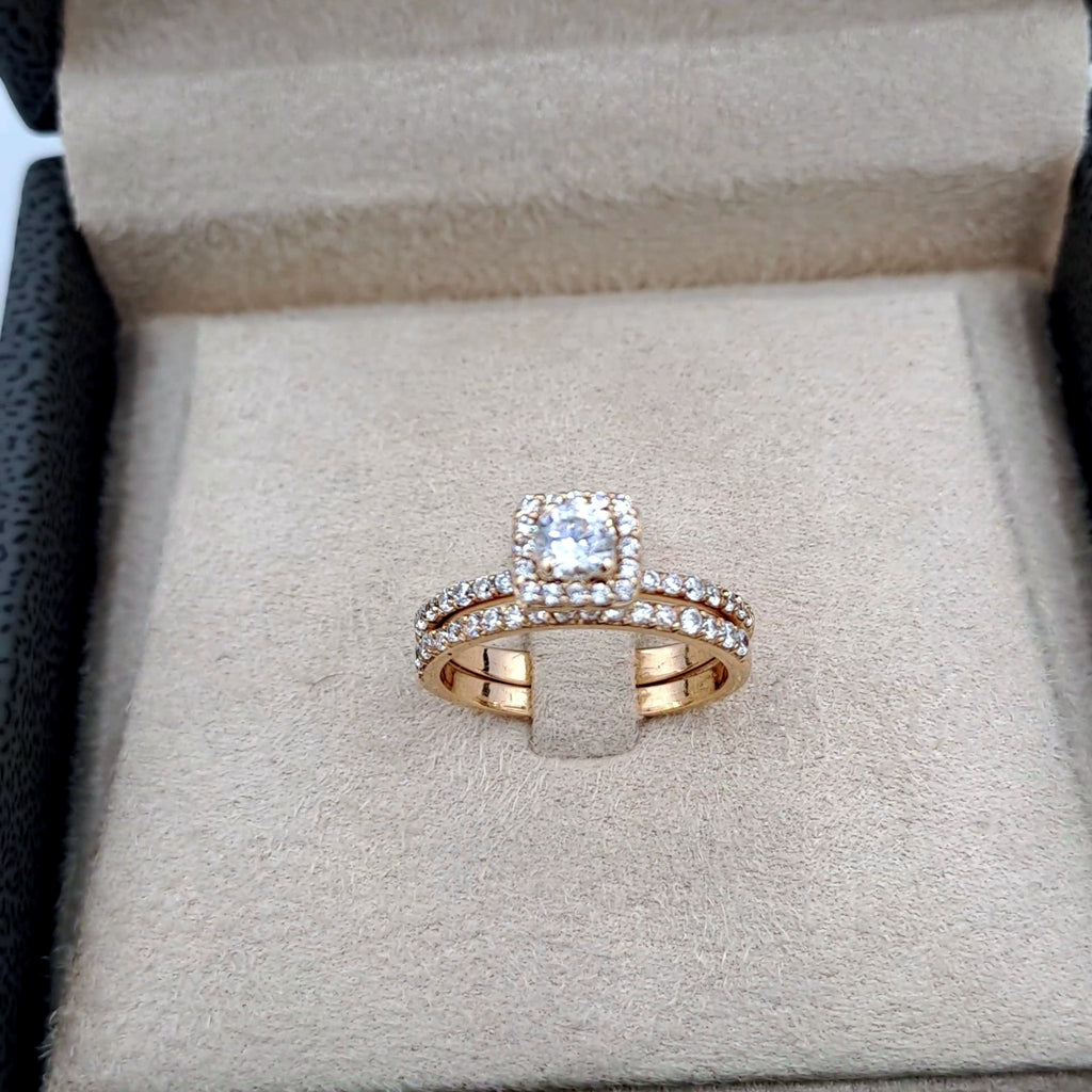 Bague Solitaire Pierre Carrée Halo Or Rose - Double Anneau Serti – or 18 carats | Tariki