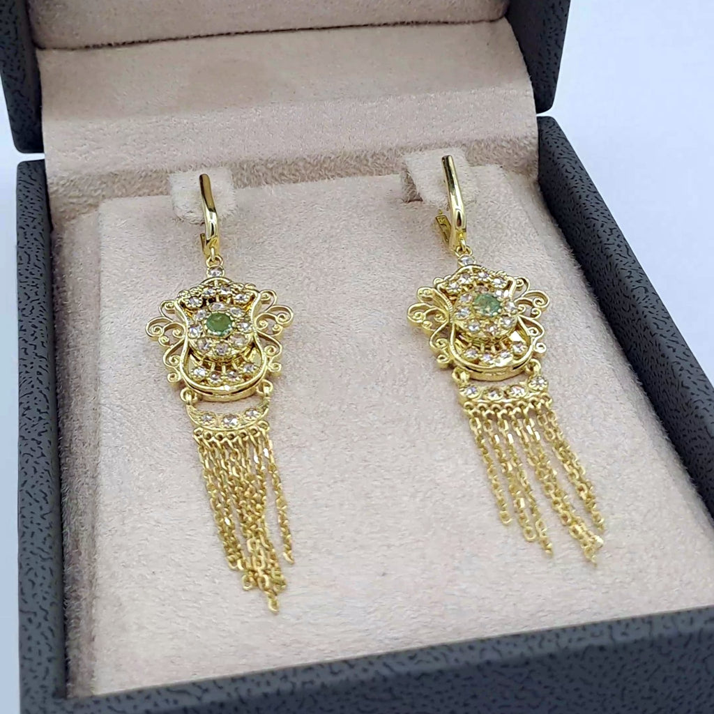 Boucles d'Oreilles Boulhya Or Jaune - Rosaces Serties, Franges, Pierres Vertes – or 18 carats | Tariki