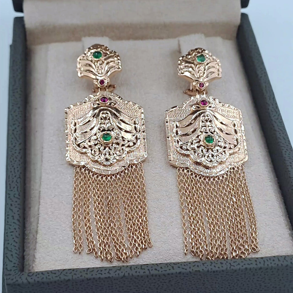 Boucles d'Oreilles Pendantes Beldi Ajourées et Ciselées Or Rose - Pierres Vertes, Franges – or 18 carats | Tariki