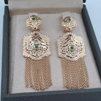 Boucles d'Oreilles Pendantes Beldi Ajourées et Ciselées Or Rose - Pierres Vertes, Franges – or 18 carats | Tariki