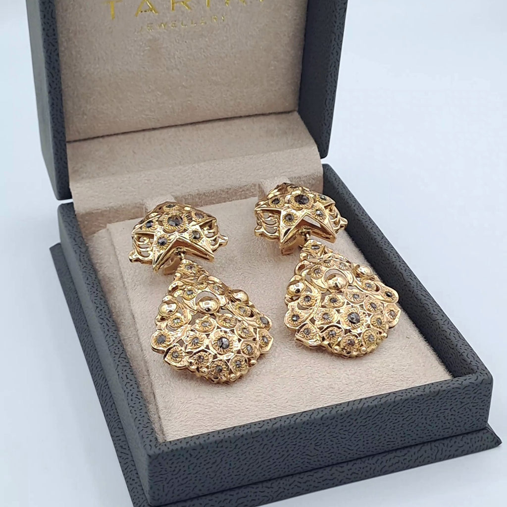 Boucles d'Oreilles Pendantes Beldi Rosaces et Gouttes Ajourées Or Rose - Serties – or 18 carats | Tariki