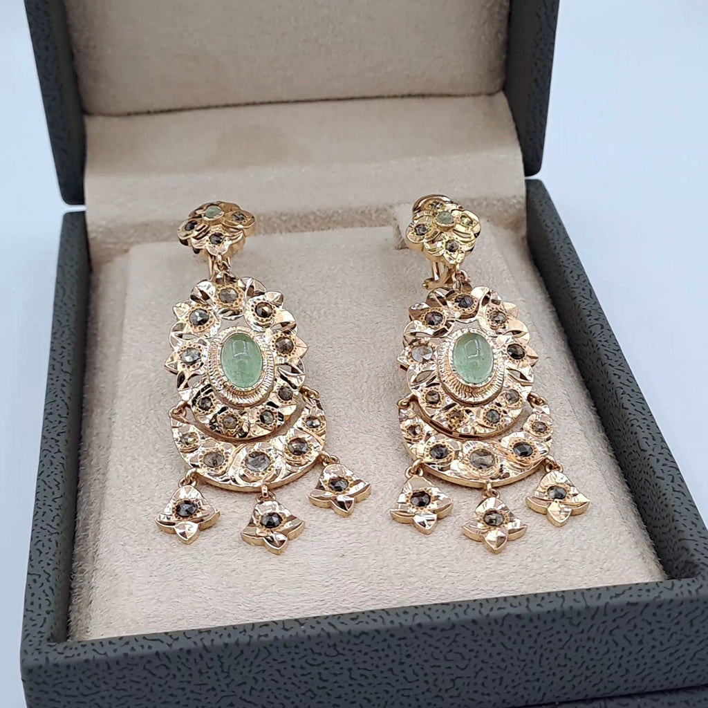 Boucles d'Oreilles Pendantes Beldi Rosaces Or Rose - Serties, Pierres Vertes, Pampilles – or 18 carats | Tariki