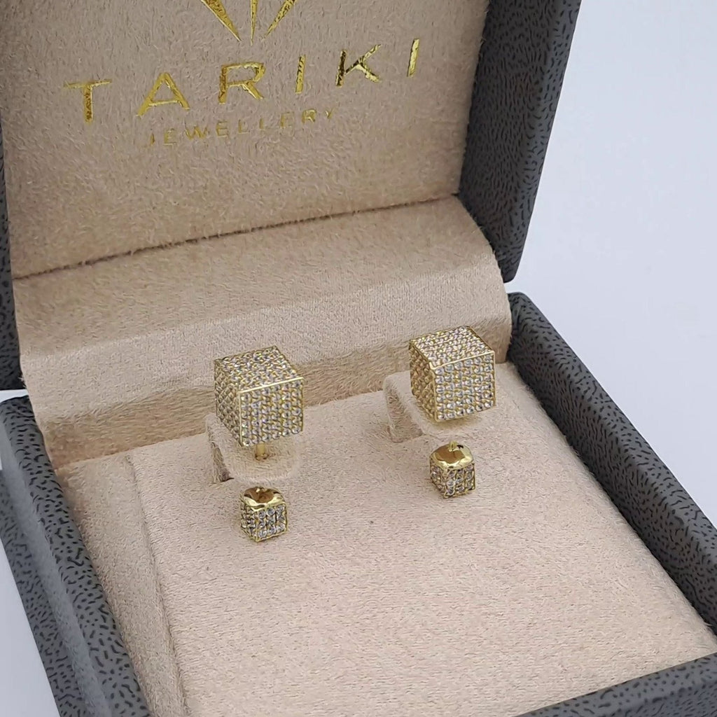 Boucles d'Oreilles Pendantes Carrés Pavés Or Jaune – or 18 carats | Tariki