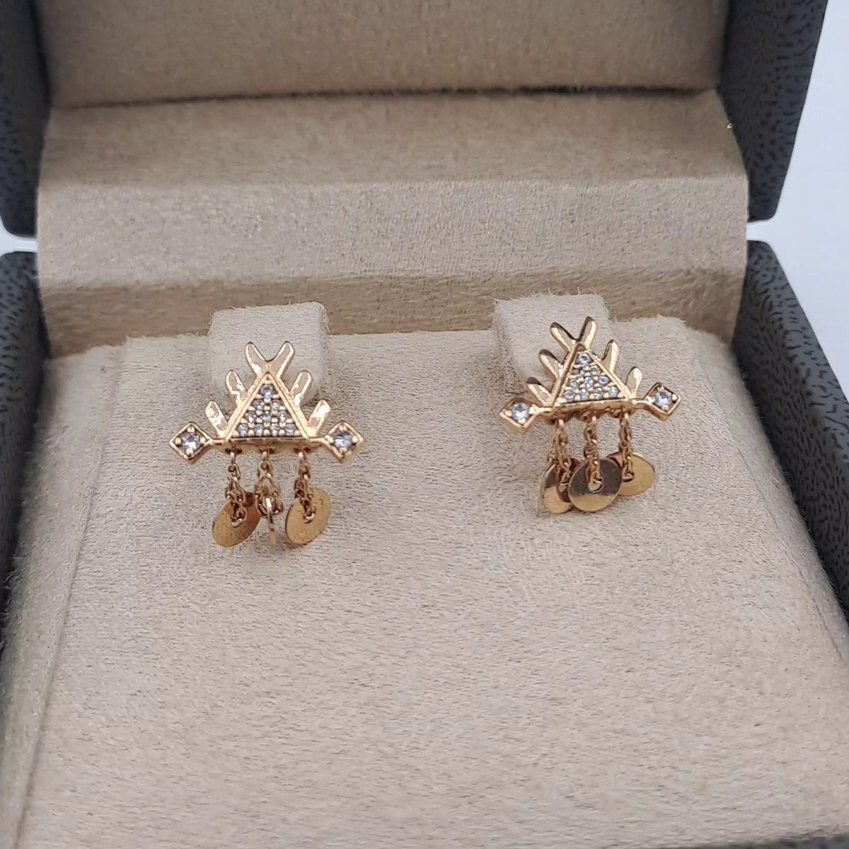 Boucles d'Oreilles Pendantes Couronnes Or Rose - Serties de Pierres – or 18 carats | Tariki