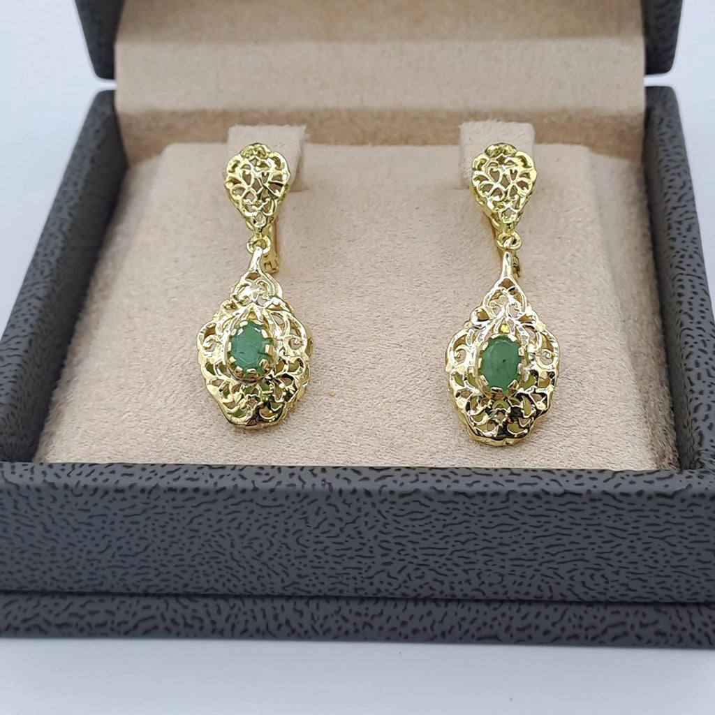Boucles d'Oreilles Pendantes Gouttes Beldi Ajourées Or Jaune - Pierres Vertes – or 18 carats | Tariki