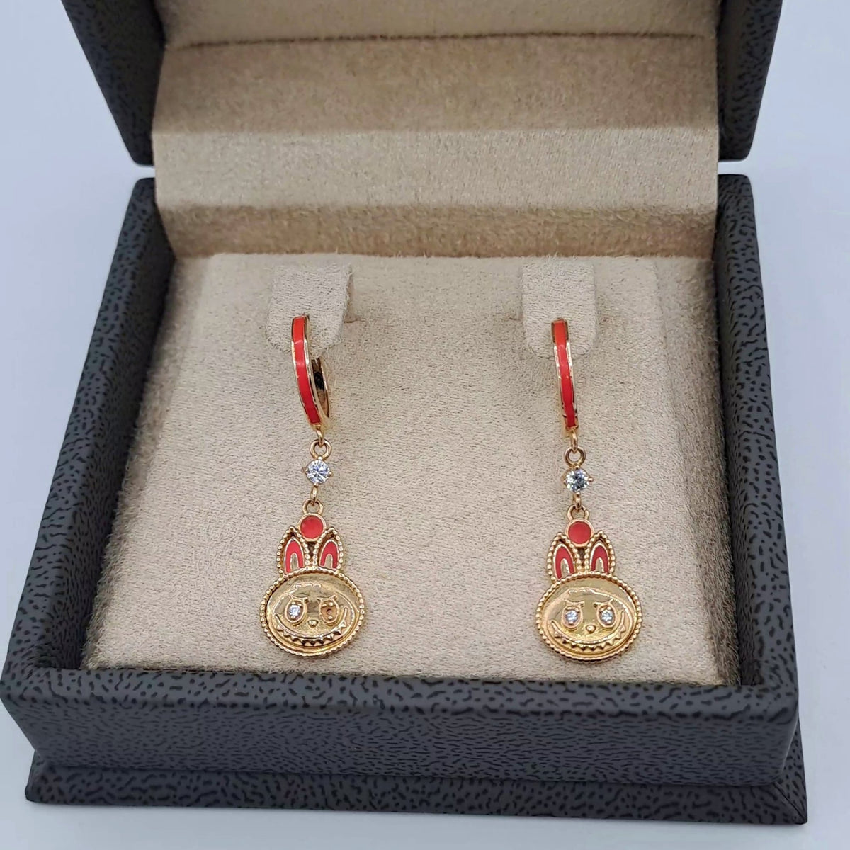 Boucles d'Oreilles Pendantes Lapins Or Rose - Sertis, Émail Rouge – or 18 carats | Tariki