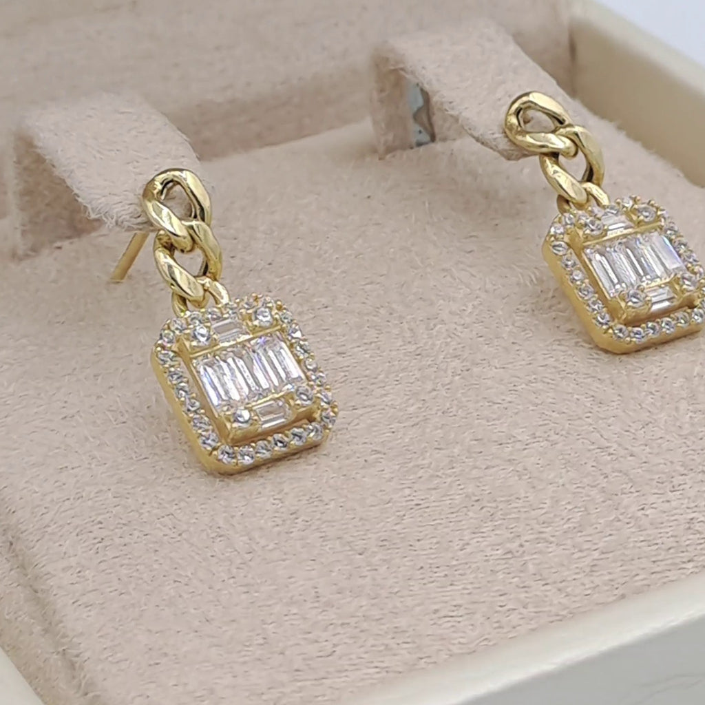 Boucles d'Oreilles Pendantes Or Jaune - Rectangles Pavés, Pierres Baguettes – or 18 carats | Tariki