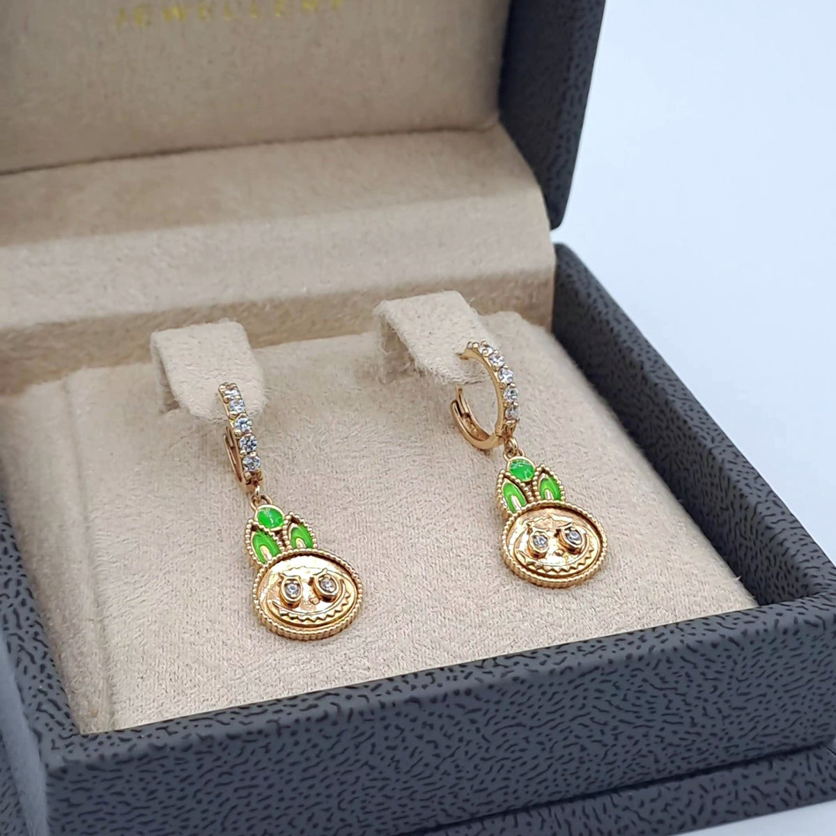 Boucles d'Oreilles Pendantes Or Rose - Gouttes Serties, Émail Vert – or 18 carats | Tariki
