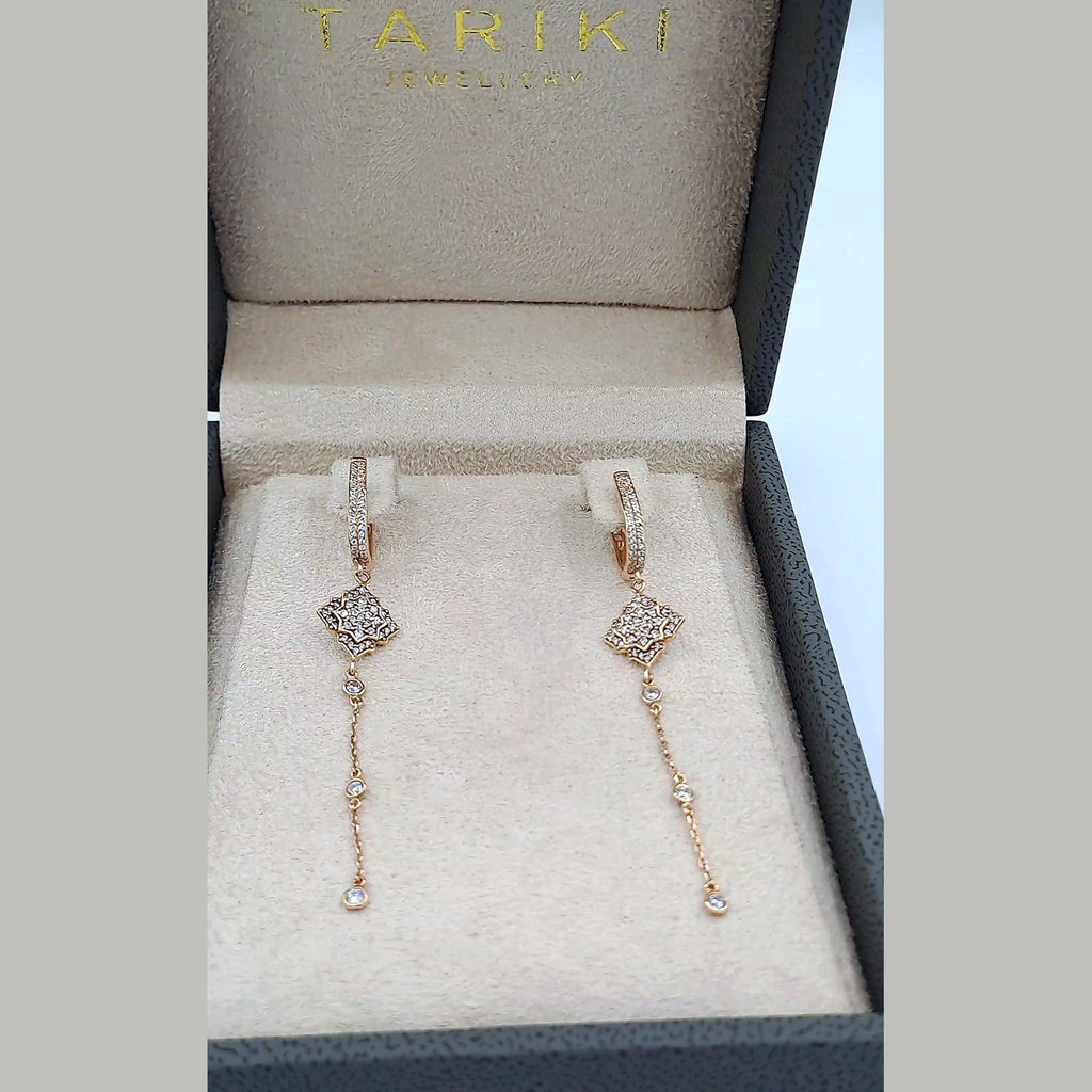 Boucles d'Oreilles Pendantes Or Rose - Losanges Pavés et Chaînettes – or 18 carats | Tariki
