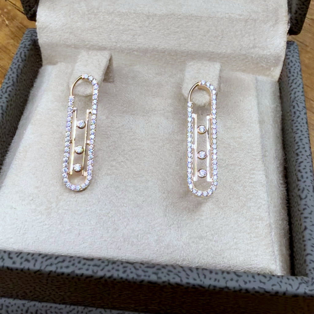 Boucles d'Oreilles Pendantes Or Rose - Ovales Allongés Sertis, Pierre Mobile – or 18 carats | Tariki