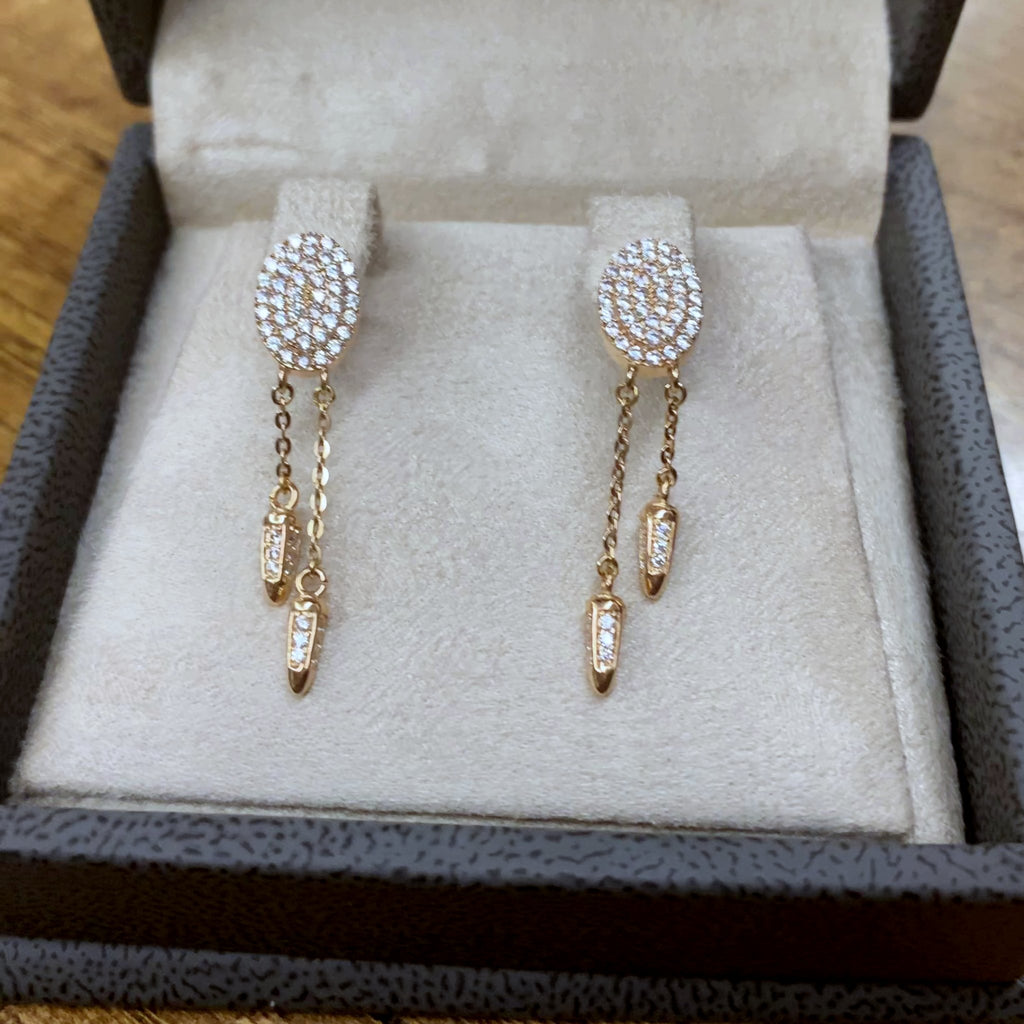 Boucles d'Oreilles Pendantes Or Rose - Ovales Pavés et Chaînettes – or 18 carats | Tariki