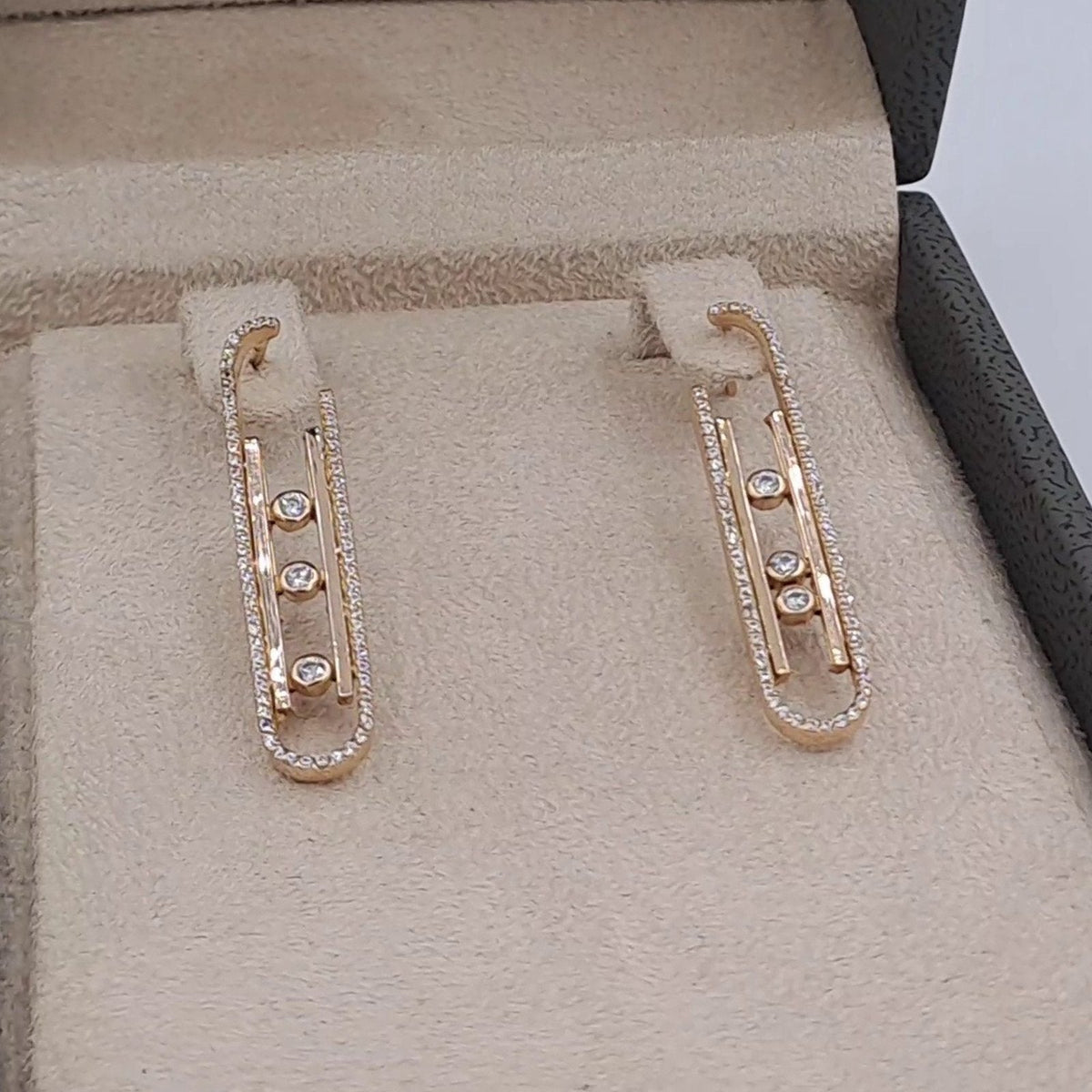 Boucles d'Oreilles Pendantes Or Rose - Ovales Sertis de Pierres – or 18 carats | Tariki