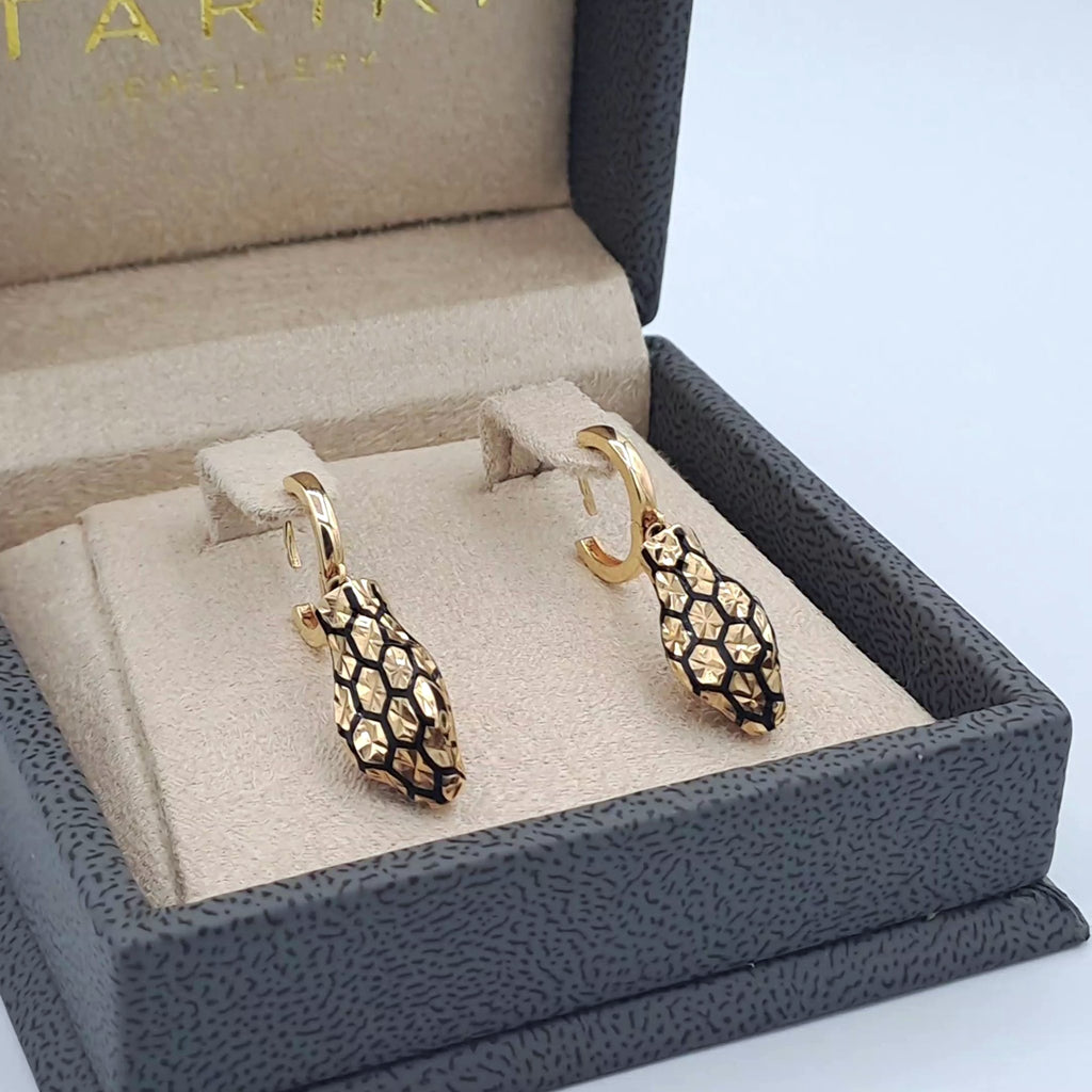 Boucles d'Oreilles Pendantes Serpents Or Rose - Émaillées Noir Serties – or 18 carats | Tariki