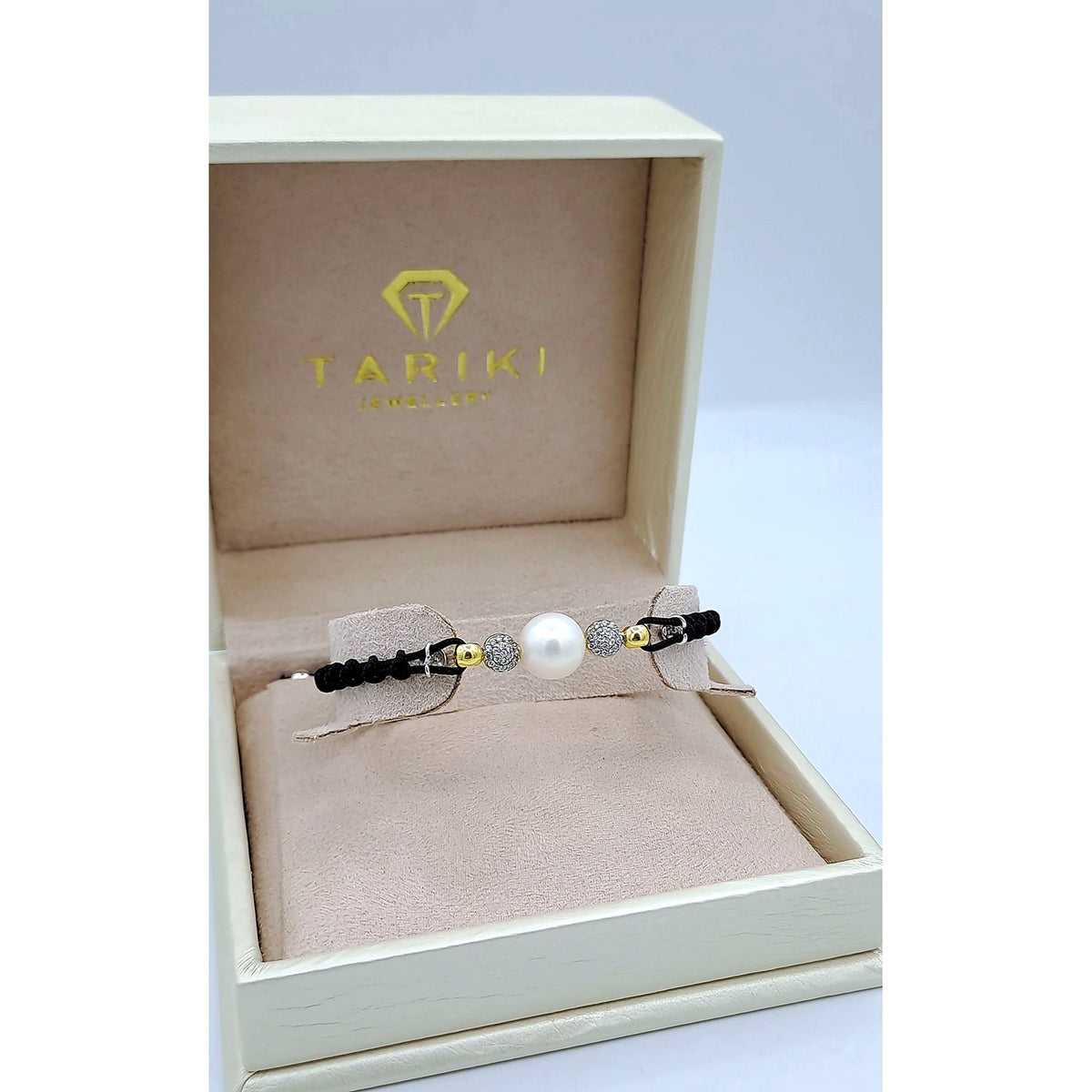 Bracelet Cordon Noir Perle Blanche, Boules Or Jaune et Blanc - Serties – or 18 carats | Tariki