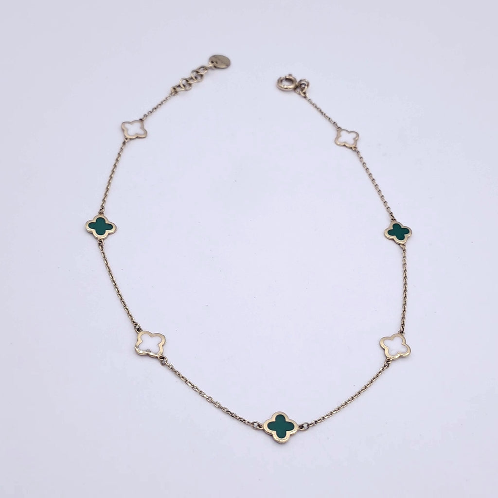 Bracelet de Cheville Or Jaune - Trèfles Nacre et Pierres Vertes – or 18 carats | Tariki