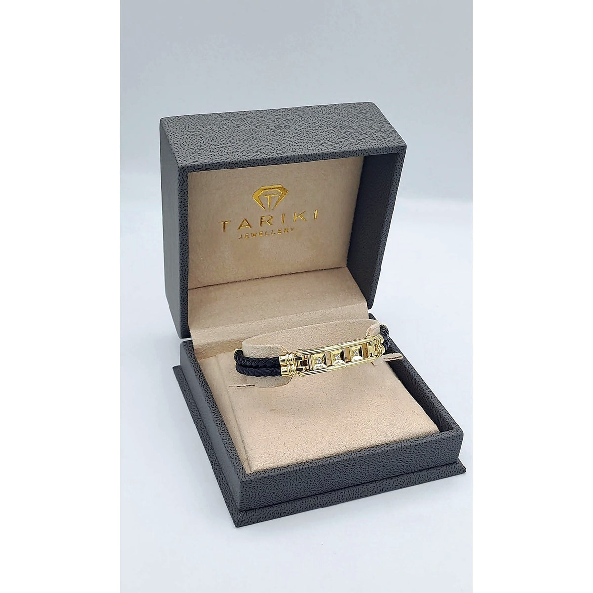 Bracelet Homme Cordon Noir Plaques Or Jaune - Serties de Pierres – or 18 carats | Tariki