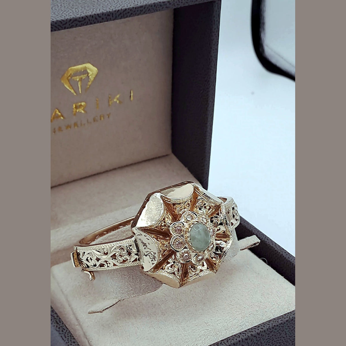 Bracelet Jonc Beldi Rosace Or Rose - Serti d'une Pierre Verte Synthétique – or 18 carats | Tariki