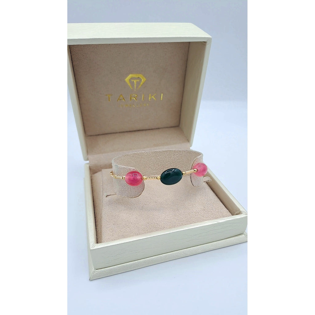 Bracelet Jonc Ouvert Or Rose - Pierres Rose et Verte Cabochon – or 18 carats | Tariki