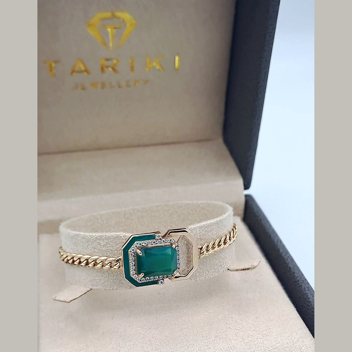 Bracelet Maille Cubaine Or Rose - Pierre Verte Rectangulaire Émaillée – or 18 carats | Tariki