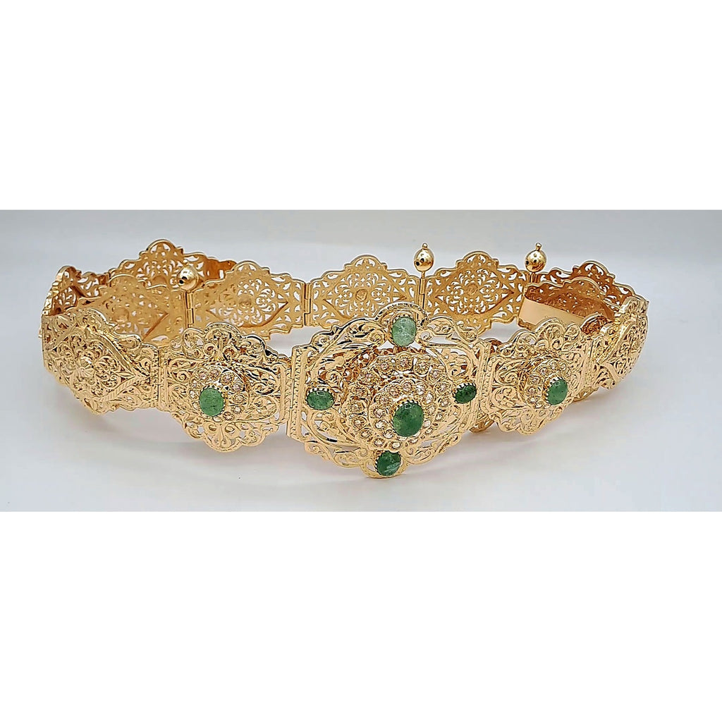 Ceinture Majdoul Beldi Ajourée Or Rose - Rosaces Serties de Pierres Vertes – or 18 carats | Tariki