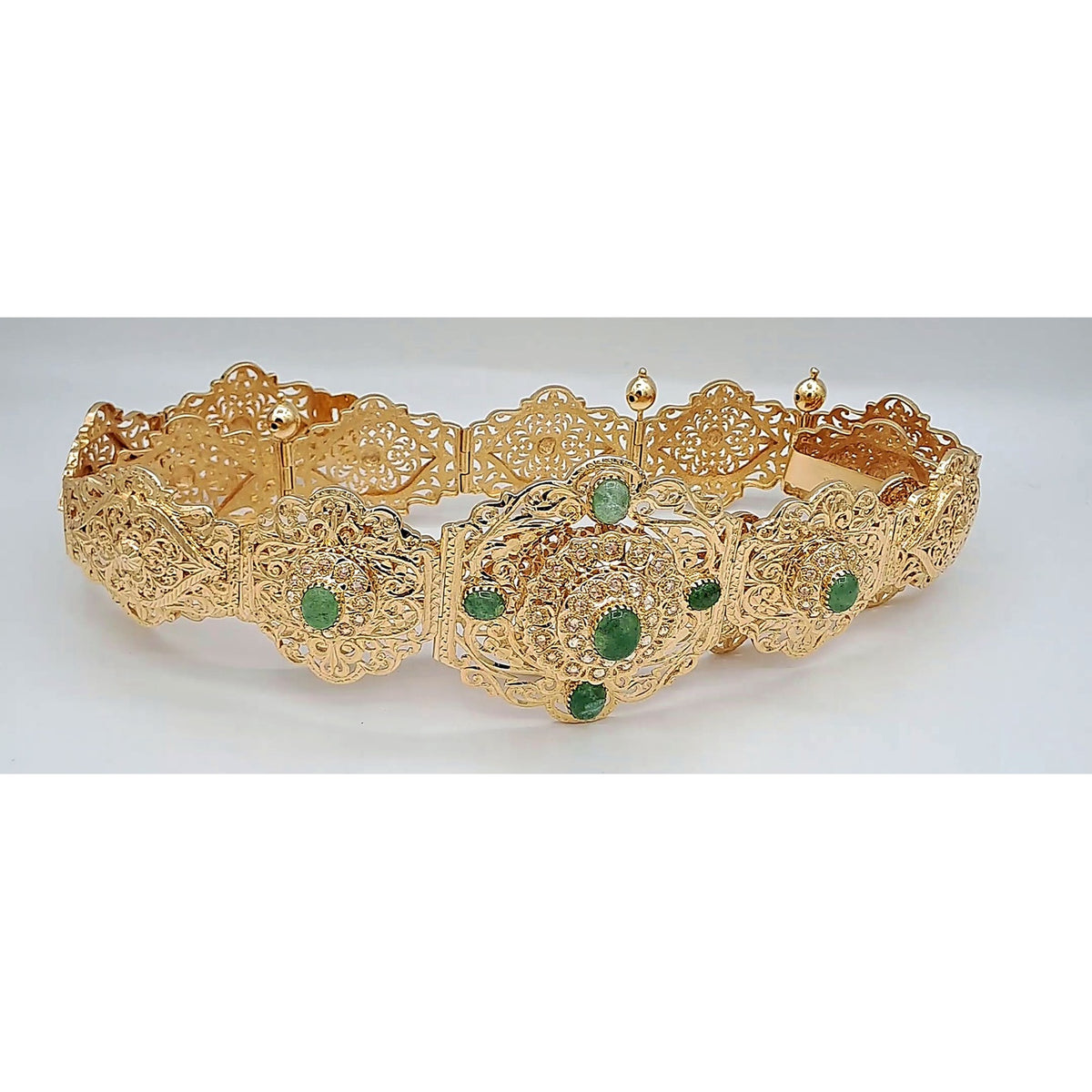 Ceinture Majdoul Beldi Ajourée Or Rose - Rosaces Serties de Pierres Vertes – or 18 carats | Tariki