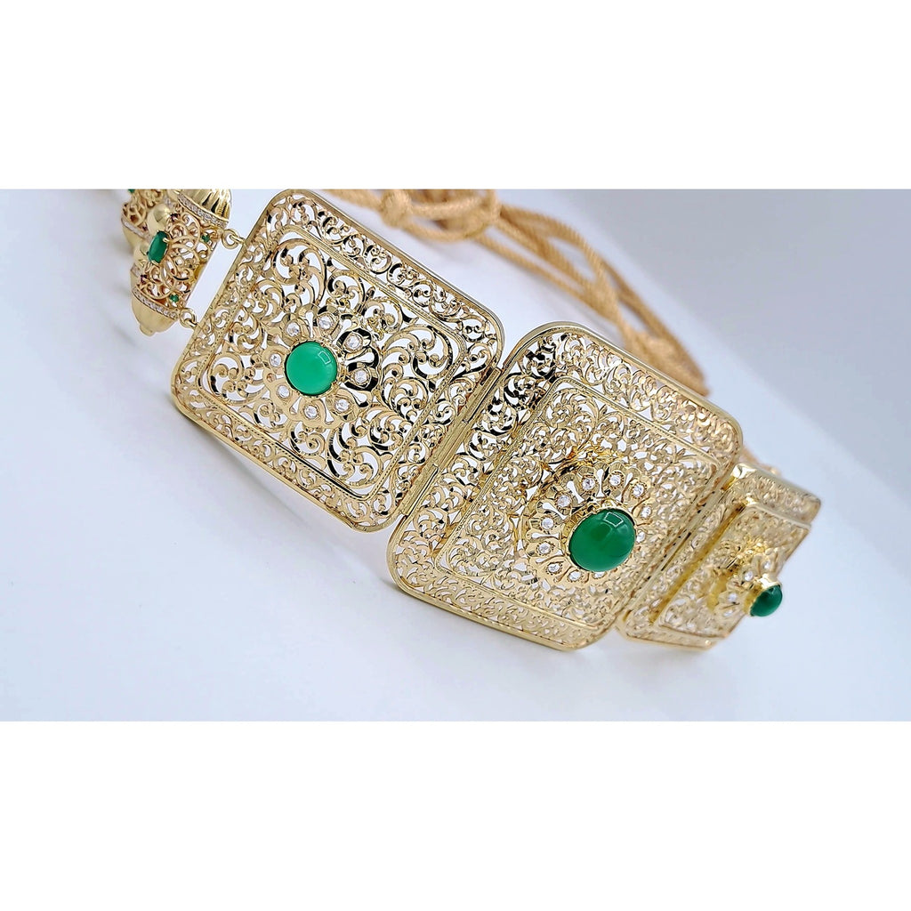 Ceinture Majdoul Beldi Plaques Ajourées Or Jaune - Serties de Pierres Vertes – or 18 carats | Tariki
