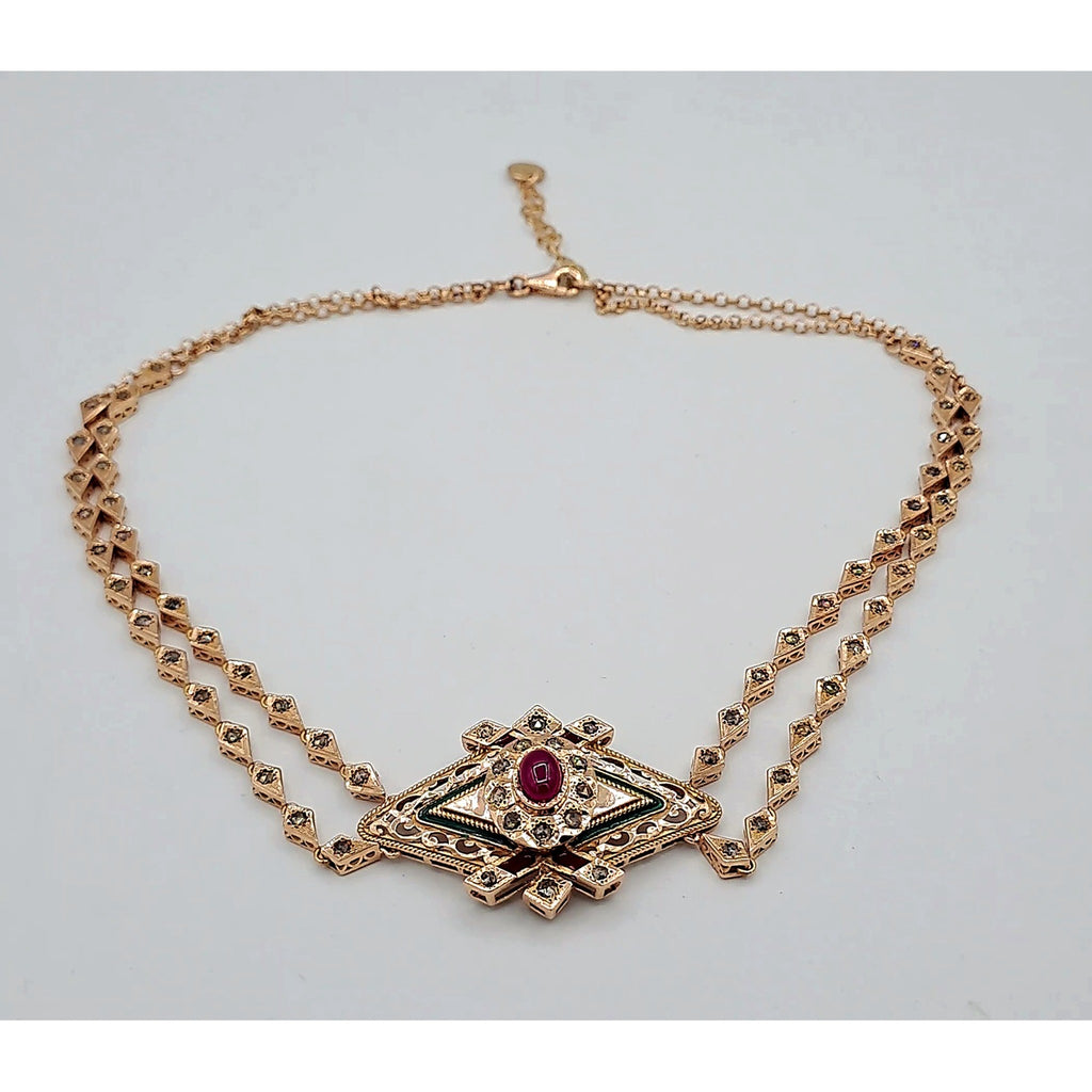 Choker Double Chaîne Or Rose - Rosace Sertie, Pierre Rouge – or 18 carats | Tariki