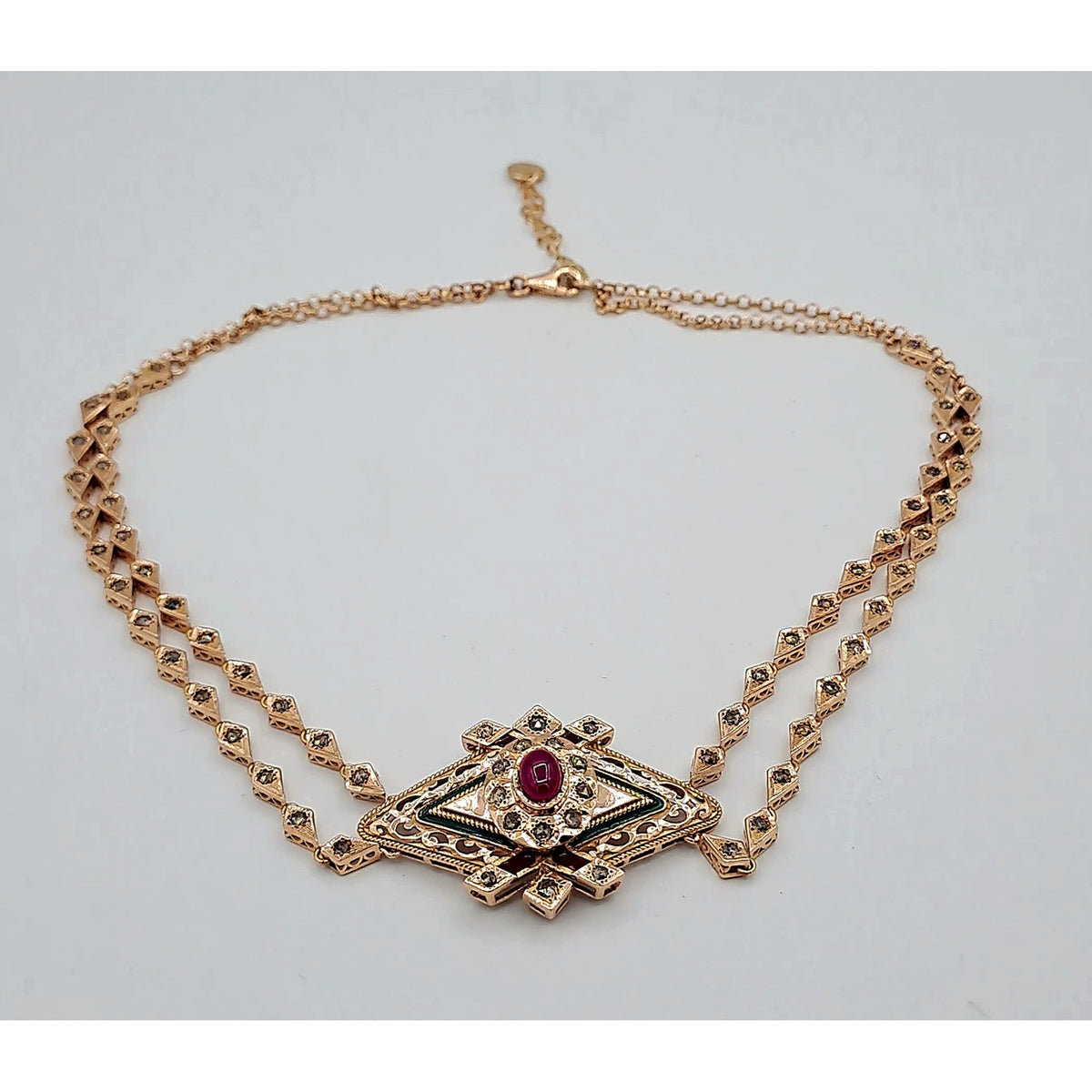 Choker Double Chaîne Or Rose - Rosace Sertie, Pierre Rouge – or 18 carats | Tariki