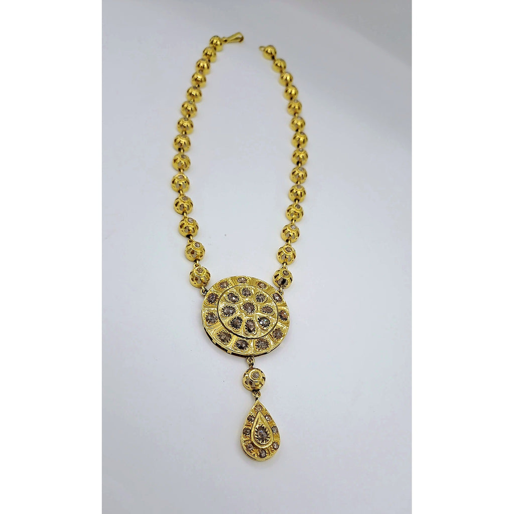 Collier Beldi Boules Or Jaune - Pendentif Rosace Ronde et Goutte Sertis de Pierres – or 18 carats | Tariki