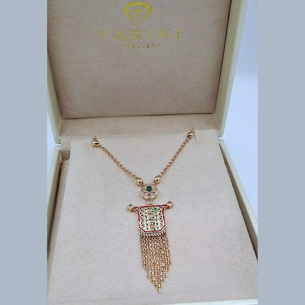 Collier Boulhya Or Rose - Pendentif Émaillé Rouge Serti, Franges, Pierre Verte – or 18 carats | Tariki