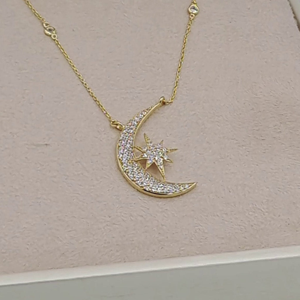 Collier Or Jaune - Pendentif Croissant de Lune et Étoile Sertis – or 18 carats | Tariki