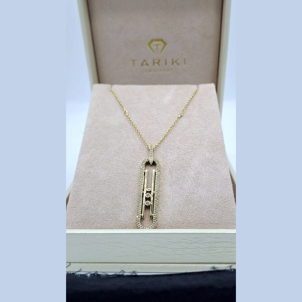 Collier Or Jaune - Pendentif Ovale Allongé Pavé, Pierres Mobiles – or 18 carats | Tariki