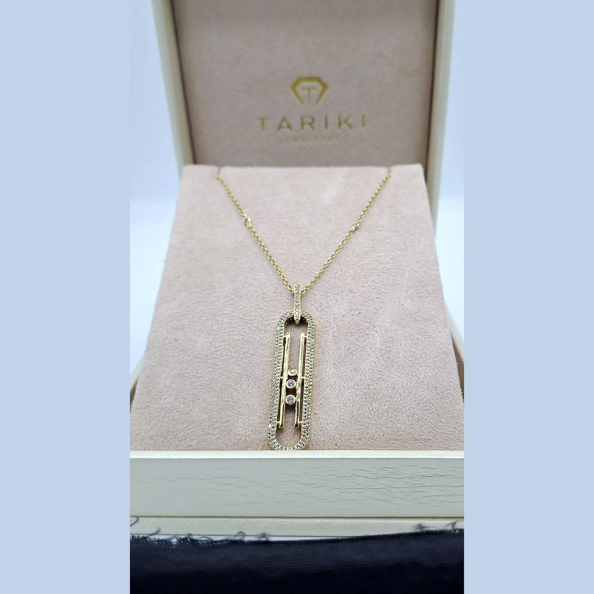 Collier Or Jaune - Pendentif Ovale Allongé Pavé, Pierres Mobiles – or 18 carats | Tariki