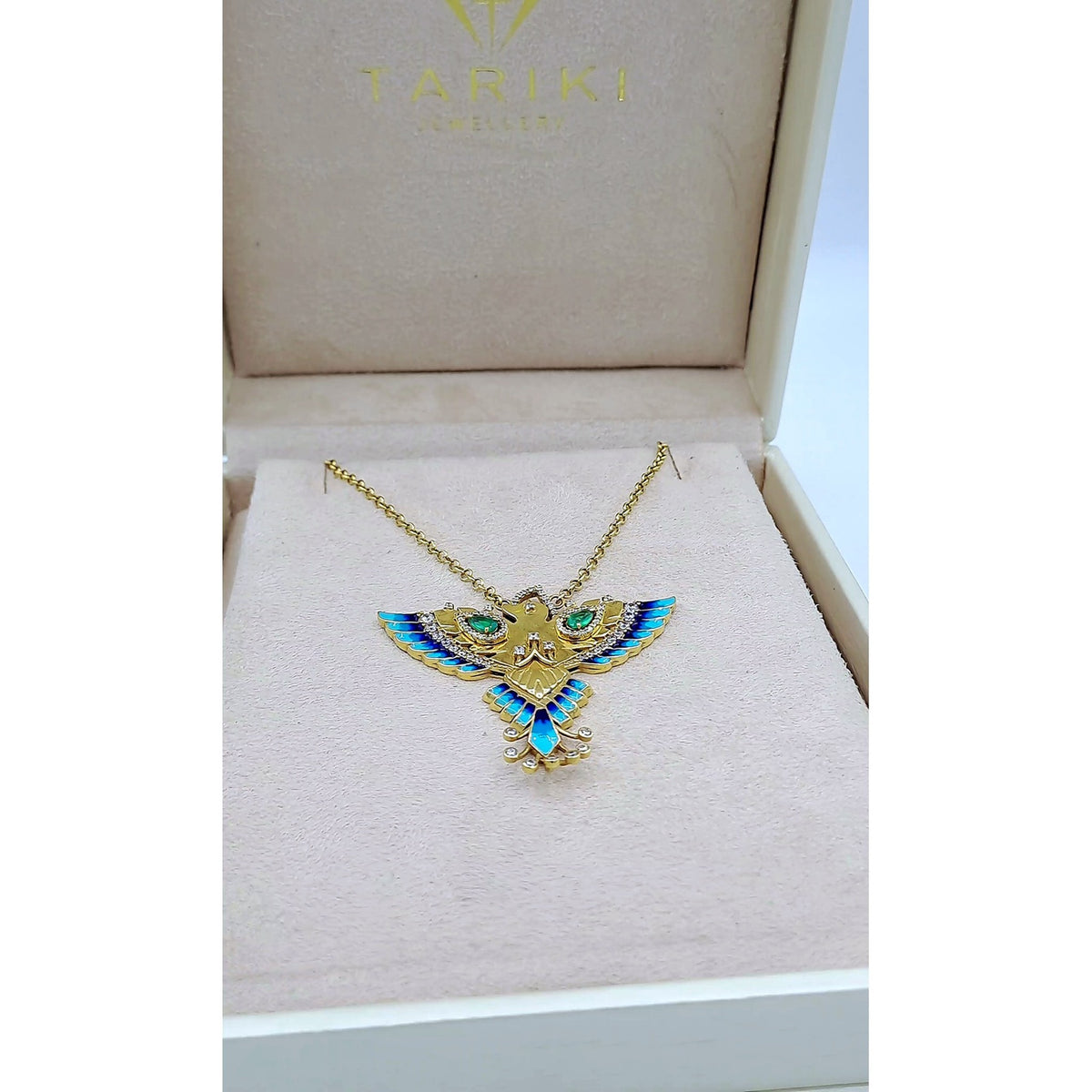 Collier Or Jaune - Pendentif Phénix Émaillé Bleu et Vert Serti de Pierres – or 18 carats | Tariki