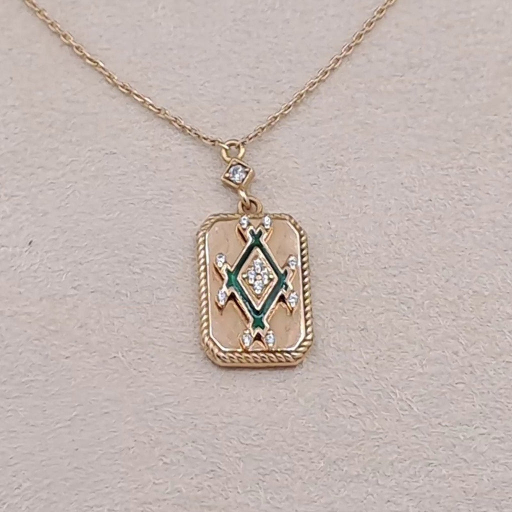 Collier Or Rose - Pendentif Plaque Motif Berbère Serti, Pierre Verte – or 18 carats | Tariki